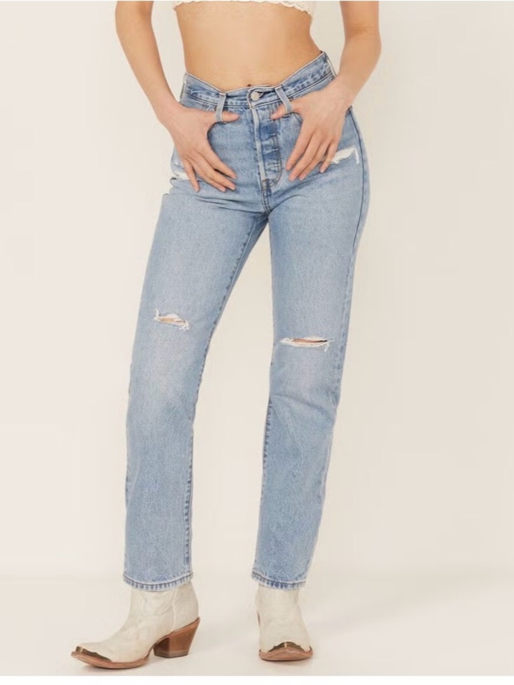 Levi's 501 Light Blue High-Rise Straight Leg Distressed Jeans - 26x30